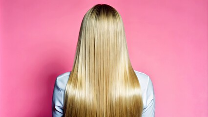 A woman with long blonde hair is standing in front of a pink background