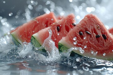 Wall Mural - Sliced fresh watermelon with bubbles on water professional photography