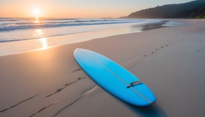 Wall Mural - A serene beach at sunset, with a lone surfboard planted in the sand. 