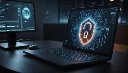 A virtual padlock securing a computer display. It represents cybersecurity and protection for digital infrastructure, including Internet of Things antivirus security.