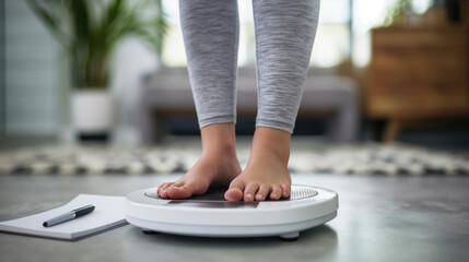 Wall Mural - Closeup barefoot woman standing on an electronic weight scales and note paper with pen laying next to the scale