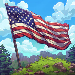 American Flag Waving in Natural Landscape