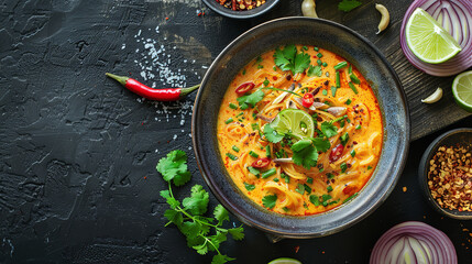 Poster - Northern Thai Khao Soi Soup with Lime and Chili in Rustic Setting  