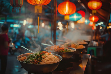 Nighttime Thai Noodle Soup Stall Under Colorful Lanterns  