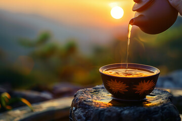 Poster - Serene Thai Tea Preparation at Sunset with Natural Backdrop  