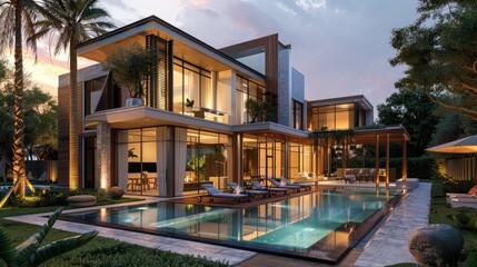Wall Mural - Big contemporary villa with garden and swimming pool in the evening