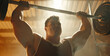 © chekart - The strong man lifted a heavy barbell over his head. Weightlifting. A muscular man lifts a barbell in the gym. The concept of strength and determination