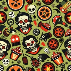 Wall Mural - seamless pattern of vintage horror movie posters and film reels, generative ai