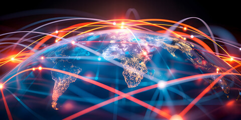 Wall Mural - Earth globe with Africa map, telecommunication and data transfer networks with global internet and artificial intelligence connectivity for communication technology