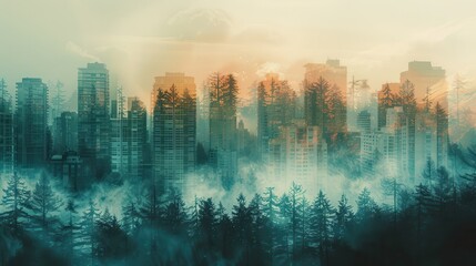 Canvas Print - Urban Skyline Merging with Forest in Misty Morning Light, Modern Cityscape with High-Rise Buildings and Dense Trees, Nature and Urbanization, Serene Atmosphere, Foggy Sunrise