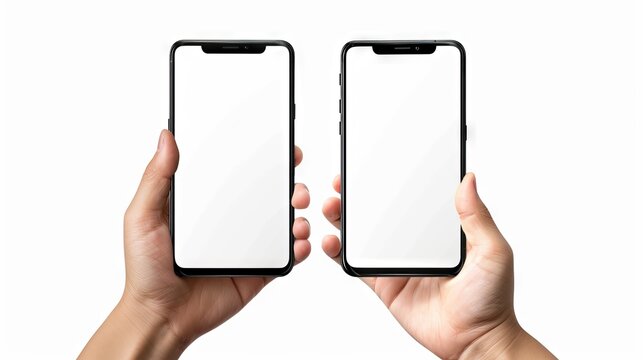 Hand holding the black smartphone iphone with blank screen and modern frameless design in two rotated perspective positions - isolated on white background