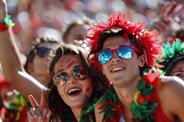 Wall Mural - A group of exuberant sports fans with painted faces and colorful attire expressing joy during a game