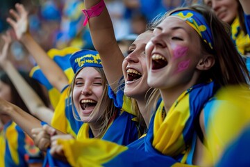 Ecstatic supporters in blue and yellow attire celebrating with painted faces