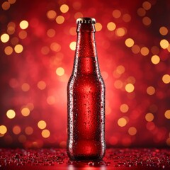 Chilled Beer Bottle with Condensation on Vibrant Red Bokeh Background