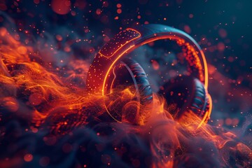 Wall Mural - headphones engulfed in fiery orange smoke with a dark background, creating a dramatic and intense hi