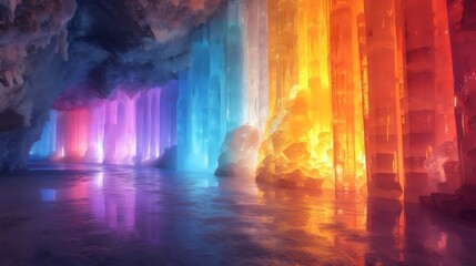 Wall Mural - a cave with a rainbow of ice sculptures