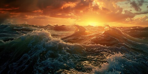 Wall Mural - the ocean is rough and the sun is setting