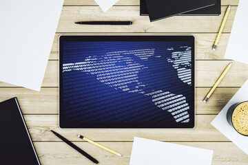 Wall Mural - america map on modern digital tablet screen, big data and digital technology concept. top view. 3d r