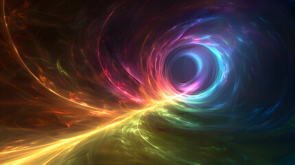 Beams of rainbow gradient light bend into an event horizon.