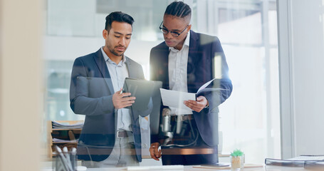 Aufkleber - Man, teamwork and discussion with tablet in office, company review and online networking with employee. Conversation, documents and collaboration for target report, meeting and professionals together