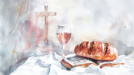 Wall Mural - A watercolor painting depicts a simple still life with a loaf of bread, a glass of wine, and an open Bible on a white tablecloth. A wooden cross appears in the background