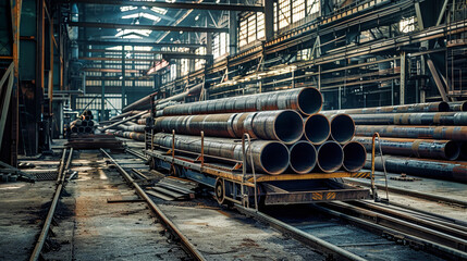 Wall Mural - A railway cart loaded with stacked steel pipes sits on a track in a large industrial factory