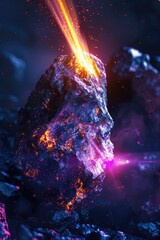 Wall Mural - A rock with a glowing orange and purple light shining on it