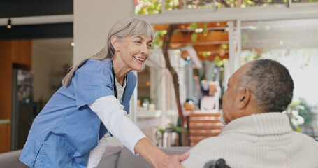 Wall Mural - Senior care, support or hand of nurse with old man for healthcare service, wellness or empathy. Wheelchair, disability advice and caregiver helping for comfort or patient for medical check or nursing