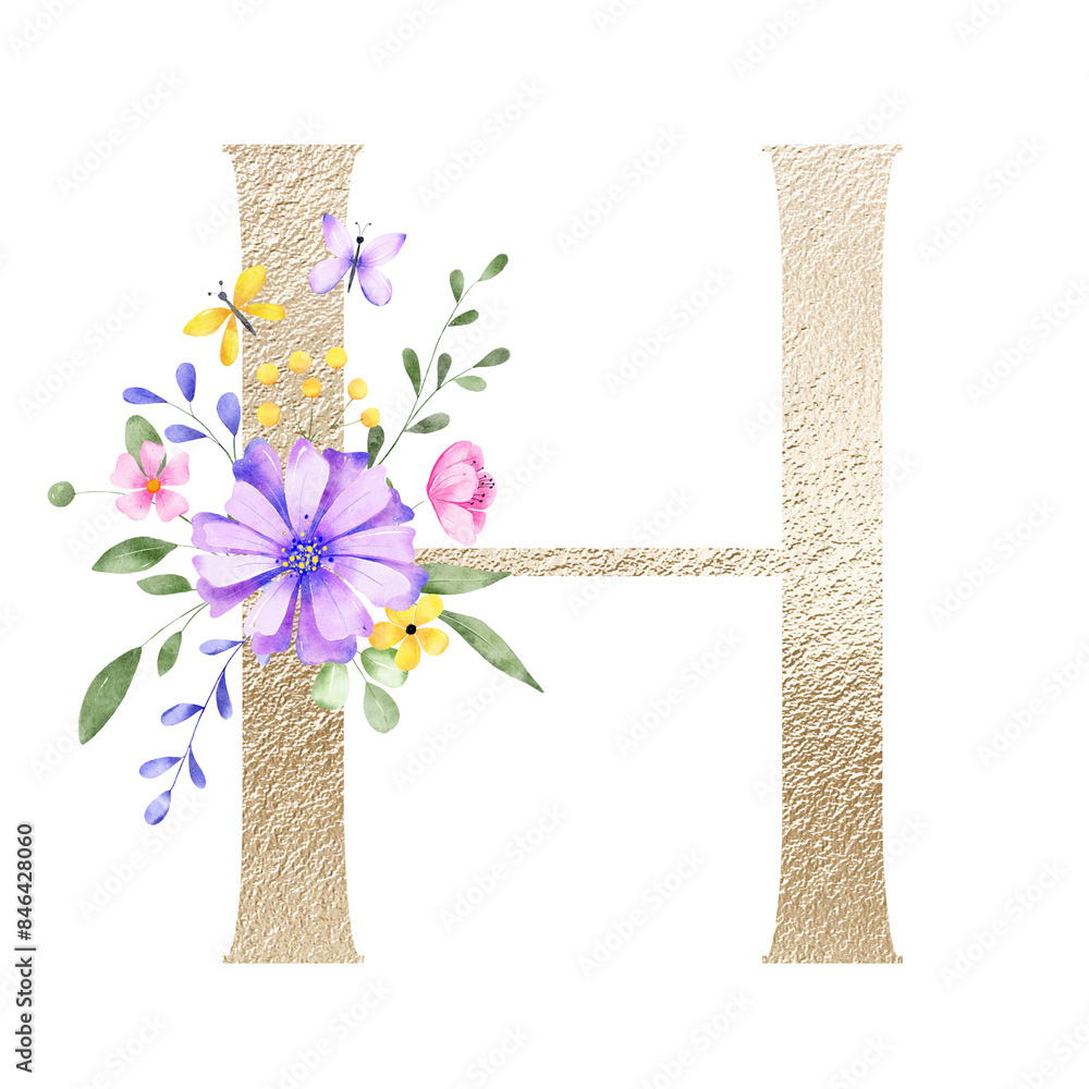 Gold letter H with watercolor flowers and leaves. Floral alphabet ...