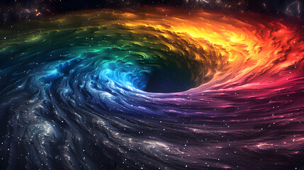 Beams of rainbow gradient light bend into an event horizon.