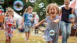 © neirfy - Children happily run after bubbles at a vibrant outdoor festival, filled with joy and laughter in a festive atmosphere