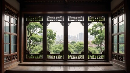 Wall Mural - Genetative AI. The traditional Window,door,and fence. When life gets overwhelming, I simply gaze out my window and let the serenity of nature wash over me. 🌲🌊 #WindowEscape #NatureHeals