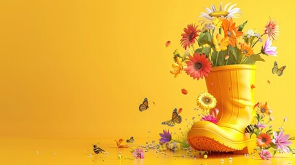 Wall Mural - Yellow rubber boot full of colorful spring flowers with butterflies and bees on vibrant yellow background with copy space. Spring is here concept banner. 3D Rendering, 3D Illustration