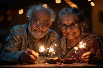 Wall Mural - Loving Indian old Couple Decorating for Diwali With Marigold Flowers and Diya Lamps Indoors
