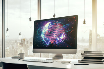 Wall Mural - abstract digital world map with connections on modern computer monitor, big data and blockchain conc