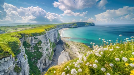 White cliffs, green valleys and grassy shores, sunny beaches. landscape background.