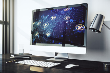 Wall Mural - modern computer monitor with social network icons concept with world map. marketing and promotion co