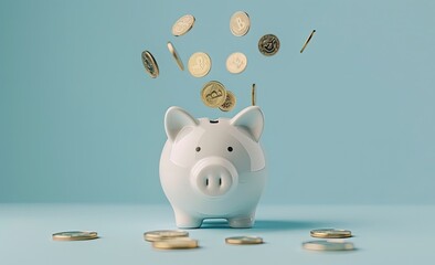A piggy bank on a blue background with coins spilling out