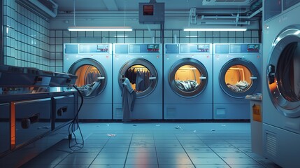 4 wet cleaning machines with clothes inside them, in a modern hi-tech busy dry cleaning business. Copy space for text.