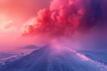 Wall Mural - Headphones with pink and orange smoke in a volcanic landscape, set against a vivid background, showcasing a dynamic and high energy visual 