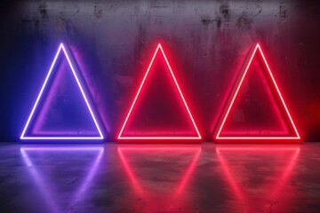 Poster - Neon triangular shapes with glowing lights, set against a dark background, creating a futuristic and vibrant high tech visual 