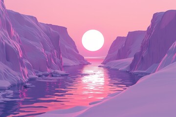 Wall Mural - surreal sunset over a tranquil pink sea surrounded by mountains, creating a dreamy and serene landsc