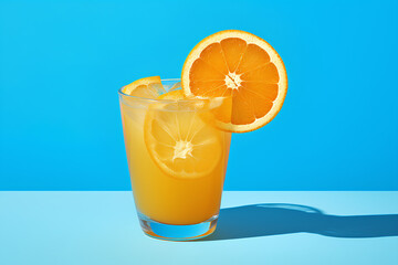 Squeezed orange juice garnished with orange slice on blue background