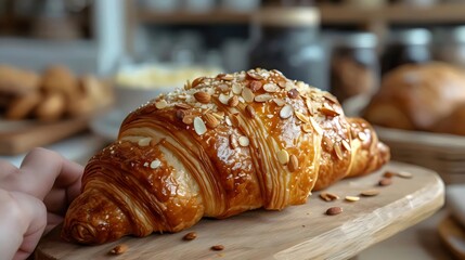 Wall Mural - A person is holding a croissant with almonds on top of a wooden cutting board