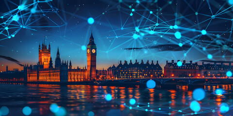 Wall Mural - England telecommunication and data transfer networks with global internet connectivity for communication technology. Includes IoT, finance, business, blockchain, and security