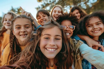 Wall Mural - Group of cheerful schoolchildren having fun together, capturing the joy and camaraderie of childhood friendships