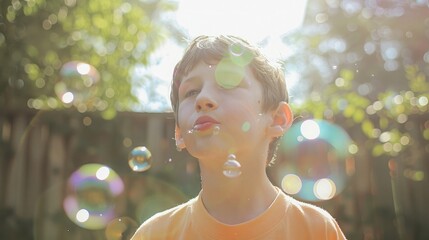 Wall Mural - Young boy blowing bubbles in a backyard on a sunny day