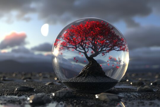 A red bonsai tree inside an all glass sphere, the sky is blue and white with a full moon in it.
