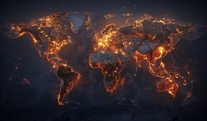 Aufkleber - Glowing abstract world map with fiery orange and blue continents, showcasing a dynamic, energetic representation of global geography and night lights, Gernerative AI