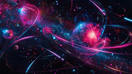 Orbital Resonance: A cosmic-inspired abstract featuring various celestial orbs in orbit, with glowing trails in colors of neon pink and electric blue, set in a deep space black background.